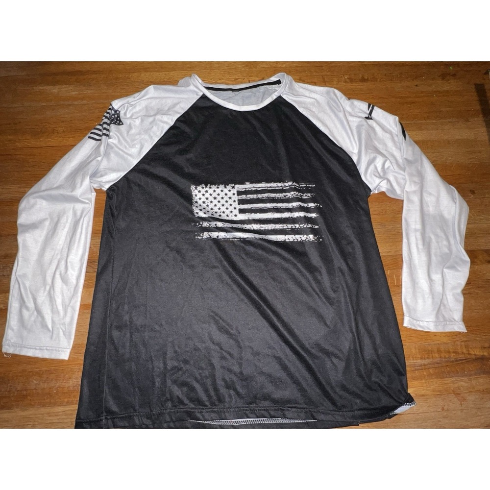 Men Large Black White Graphic USA American Flag 100% Cotton Long Sleeve Shirts